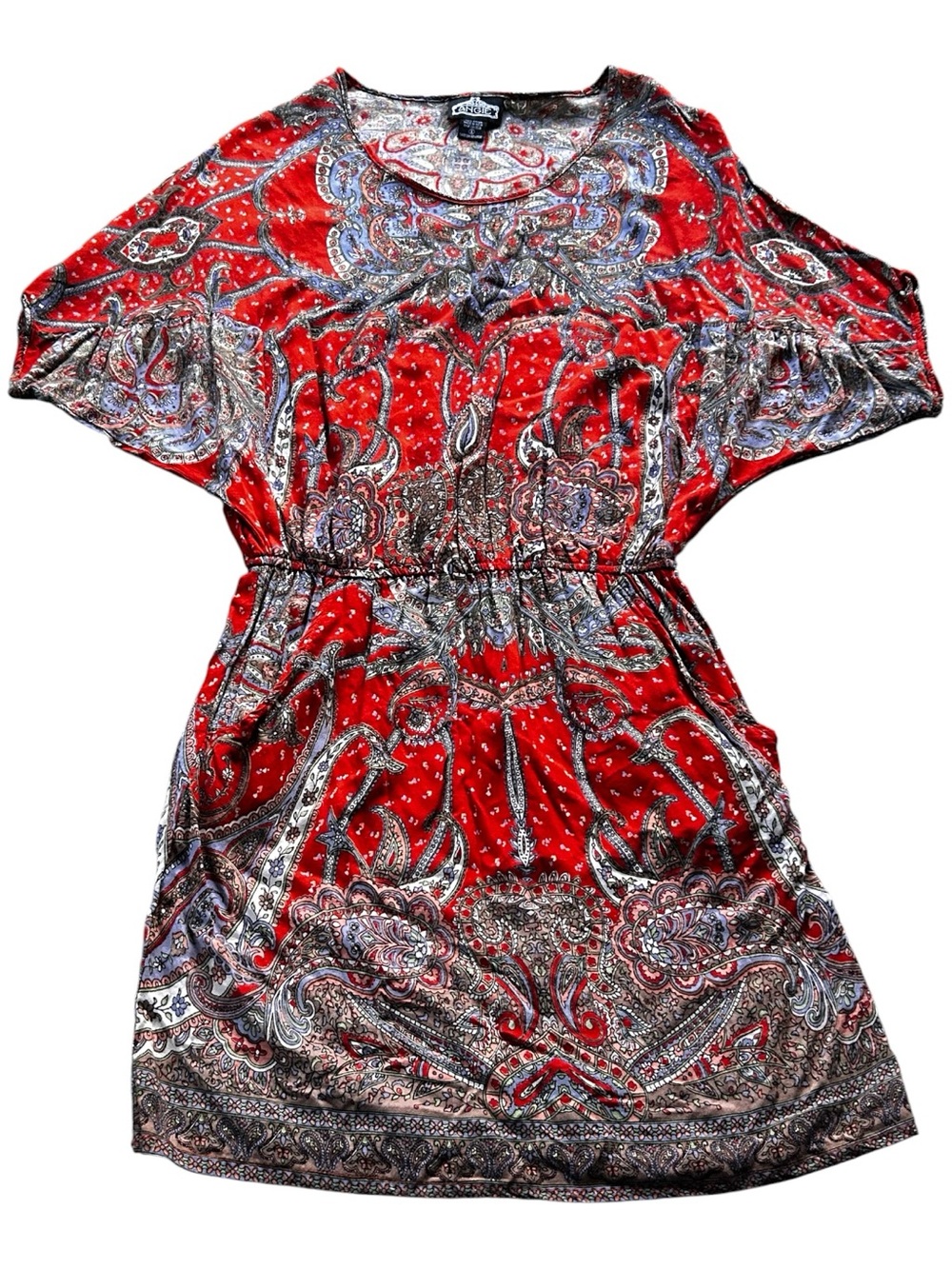 💟Angie Women’s Small Red Paisley Boho Tunic Dress 100% Rayon Made in India